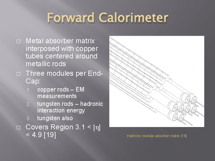 Forward Calorimeter � � Metal absorber matrix interposed with copper tubes centered around metallic