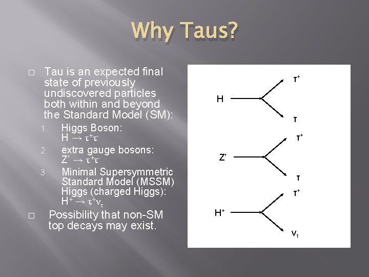 Why Taus? � Tau is an expected final state of previously undiscovered particles both