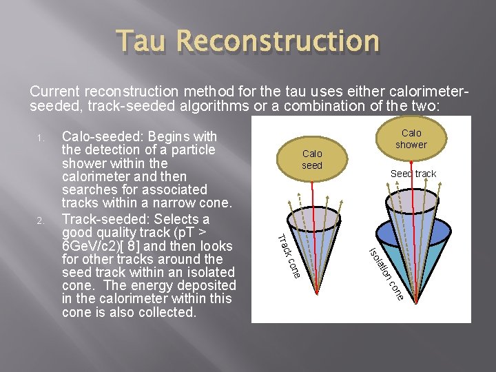 Tau Reconstruction Current reconstruction method for the tau uses either calorimeterseeded, track-seeded algorithms or