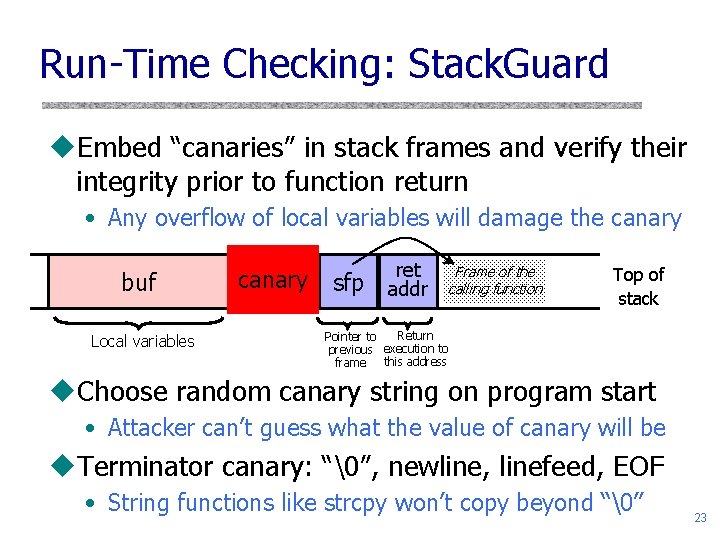 Run-Time Checking: Stack. Guard u. Embed “canaries” in stack frames and verify their integrity