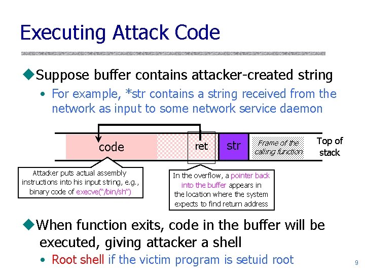 Executing Attack Code u. Suppose buffer contains attacker-created string • For example, *str contains