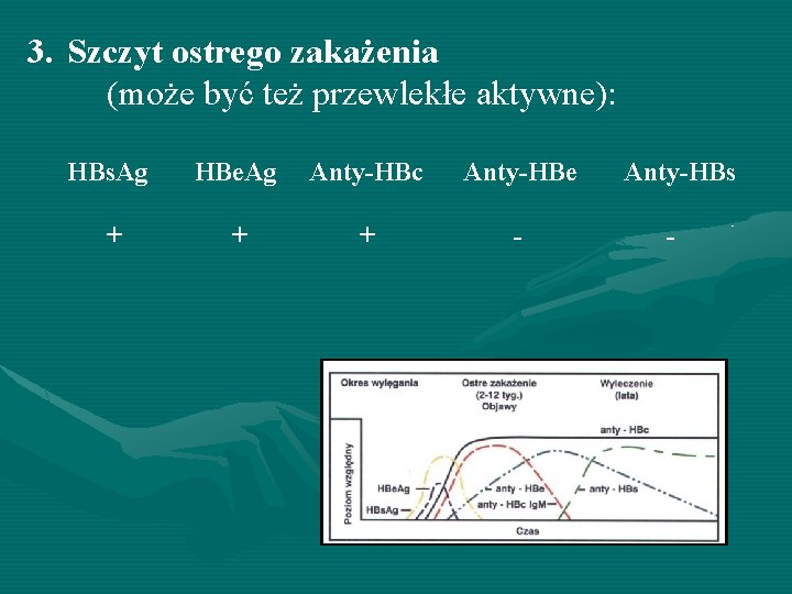 3. Szczyt ostrego zakażenia (może być też przewlekłe aktywne): HBs. Ag HBe. Ag Anty-HBc