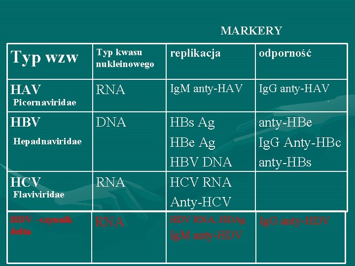 MARKERY Typ wzw Typ kwasu nukleinowego replikacja odporność HAV RNA Ig. M anty-HAV Ig.