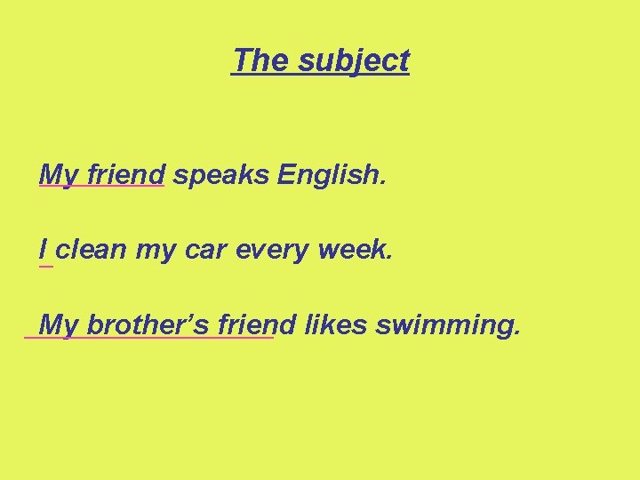 The subject _____ My friend speaks English. I_ clean my car every week. _________