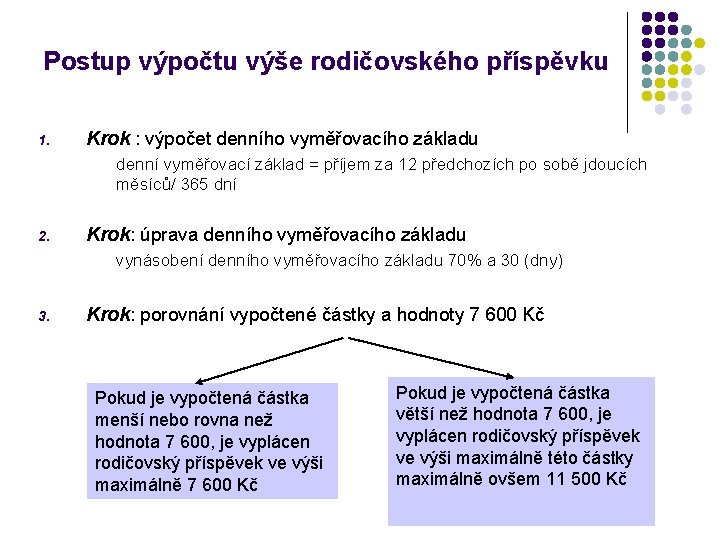 Postup výpočtu výše rodičovského příspěvku 1. Krok : výpočet denního vyměřovacího základu denní vyměřovací