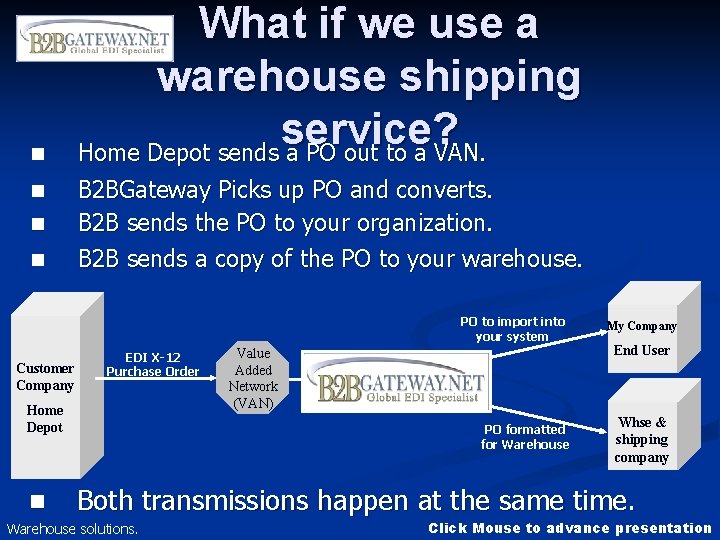 n n What if we use a warehouse shipping service? Home Depot sends a