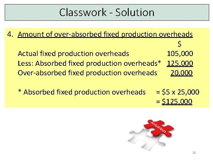 Classwork - Solution 4. Amount of over-absorbed fixed production overheads $ Actual fixed production