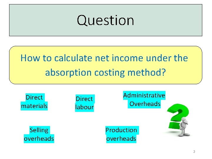 Question How to calculate net income under the absorption costing method? Direct materials Selling