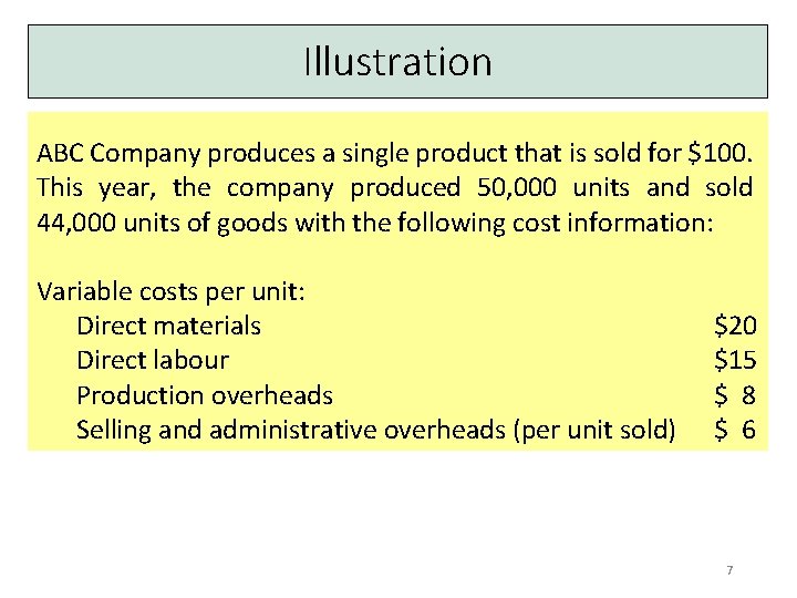 Illustration ABC Company produces a single product that is sold for $100. This year,