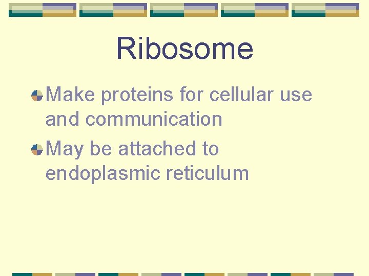 Ribosome Make proteins for cellular use and communication May be attached to endoplasmic reticulum
