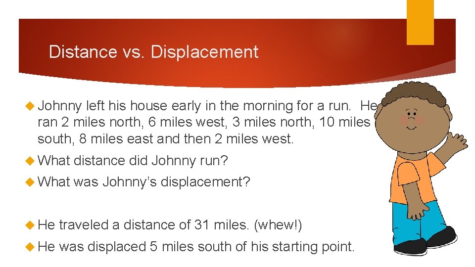 Distance vs. Displacement Johnny left his house early in the morning for a run.