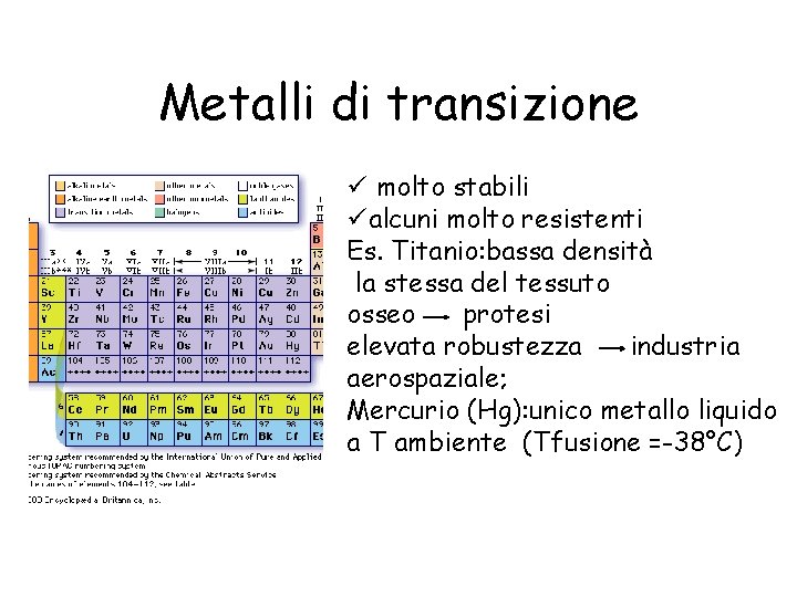 Metalli di transizione ü molto stabili üalcuni molto resistenti Es. Titanio: bassa densità la
