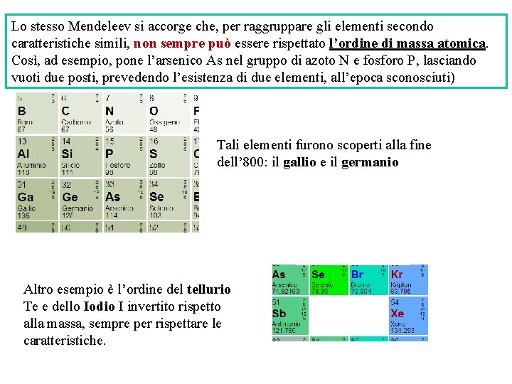 Lo stesso Mendeleev si accorge che, per raggruppare gli elementi secondo caratteristiche simili, non