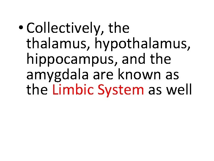  • Collectively, the thalamus, hypothalamus, hippocampus, and the amygdala are known as the