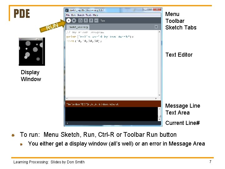 PDE RUN Menu Toolbar Sketch Tabs Text Editor Display Window Message Line Text Area PDE RUN Menu Toolbar Sketch Tabs Text Editor Display Window Message Line Text Area