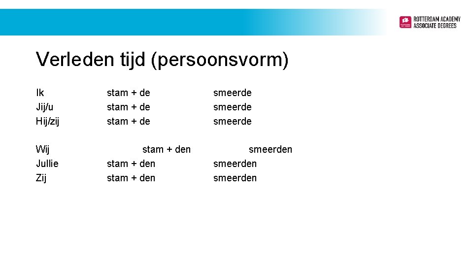 Verleden tijd (persoonsvorm) Ik Jij/u Hij/zij stam + de smeerde Wij Jullie Zij stam