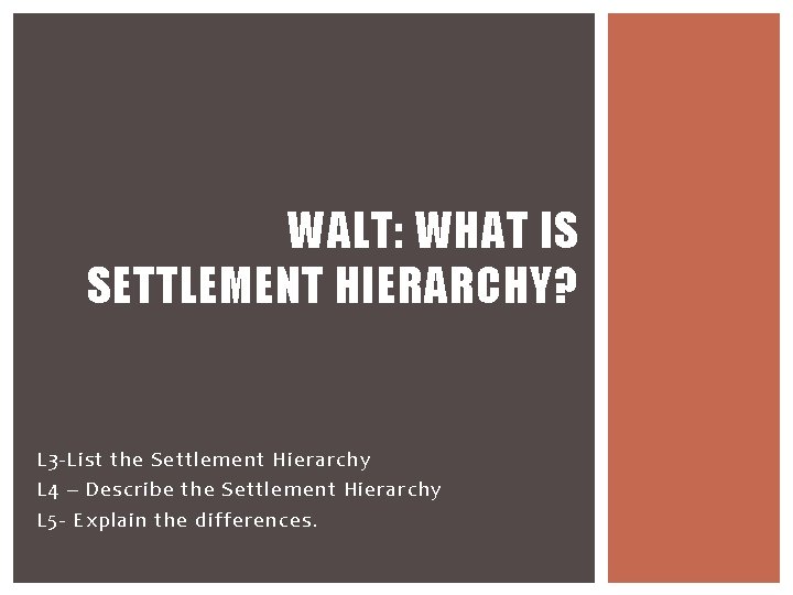 WALT: WHAT IS SETTLEMENT HIERARCHY? L 3 -List the Settlement Hierarchy L 4 –