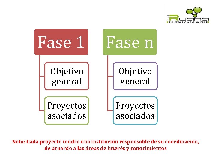 Fase 1 Fase n Objetivo general Proyectos asociados Nota: Cada proyecto tendrá una institución