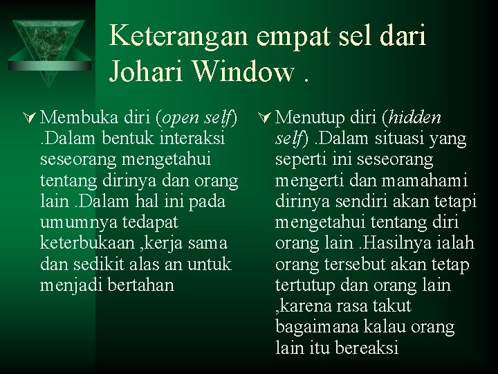 Keterangan empat sel dari Johari Window. Ú Membuka diri (open self) . Dalam bentuk