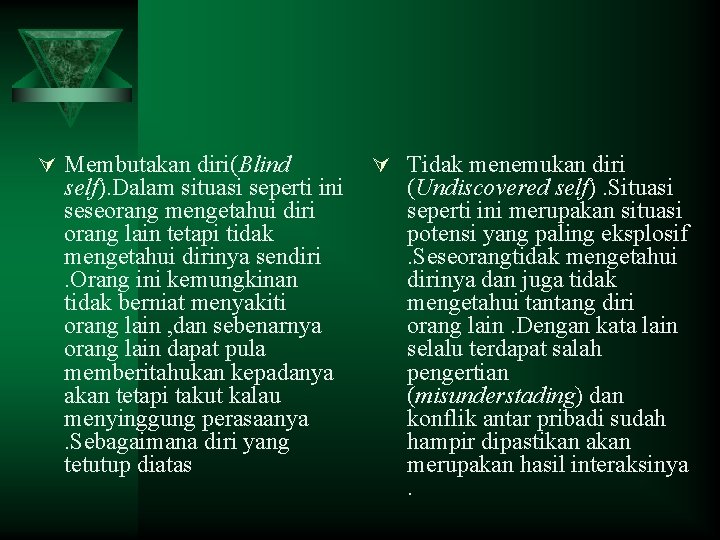 Ú Membutakan diri(Blind self). Dalam situasi seperti ini seseorang mengetahui diri orang lain tetapi