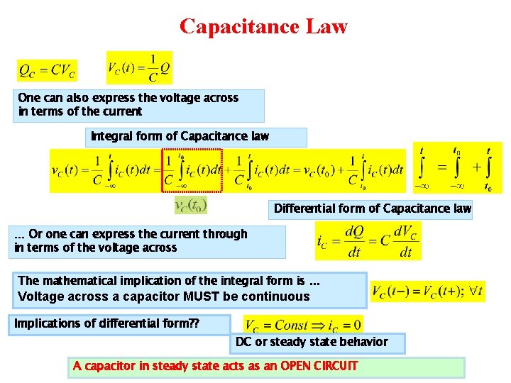 Capacitance Law One can also express the voltage across in terms of the current