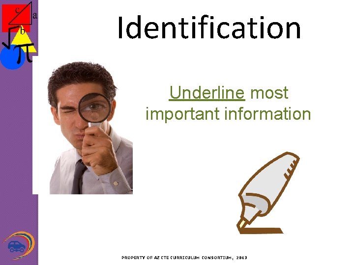 Identification Underline most important information PROPERTY OF AZ CTE CURRICULUM CONSORTIUM, 2013 