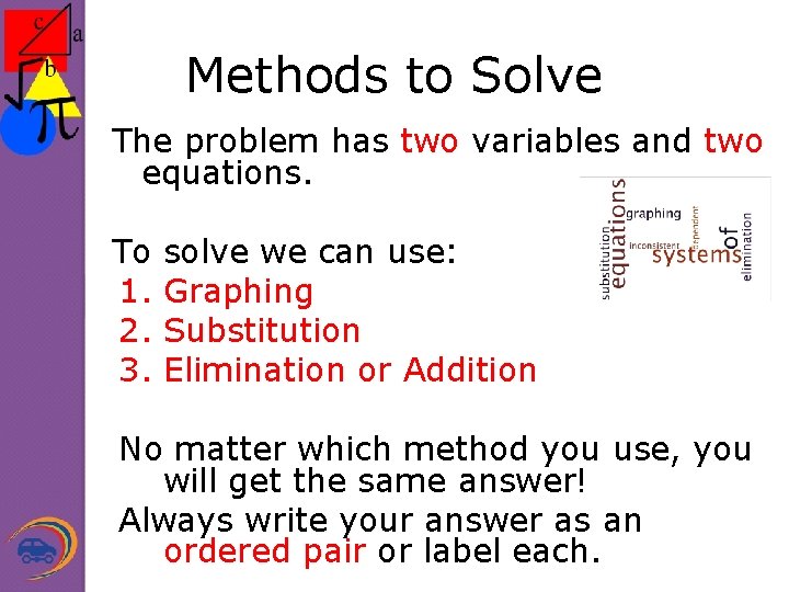 Methods to Solve The problem has two variables and two equations. To 1. 2.