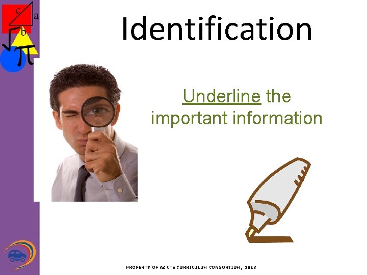 Identification Underline the important information PROPERTY OF AZ CTE CURRICULUM CONSORTIUM, 2013 