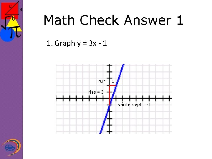 Math Check Answer 1 1. Graph y = 3 x - 1 run =