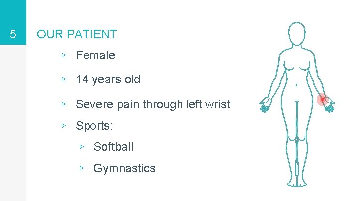 5 OUR PATIENT ▹ Female ▹ 14 years old ▹ Severe pain through left