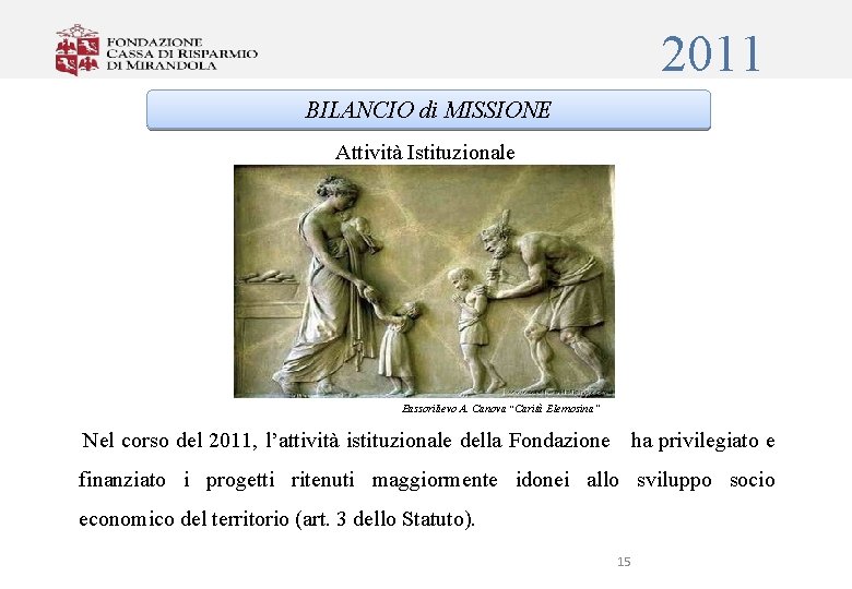 2011 BILANCIO di MISSIONE Attività Istituzionale Bassorilievo A. Canova “Carità Elemosina” Nel corso del