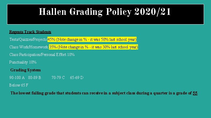 Hallen Grading Policy 2020/21 Regents Track Students Tests/Quizzes/Projects 45% (Note change in % -