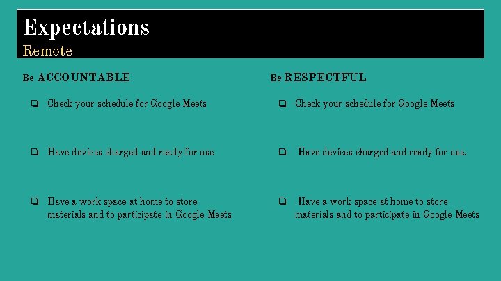 Expectations Remote Be ACCOUNTABLE Be RESPECTFUL ❏ Check your schedule for Google Meets ❏