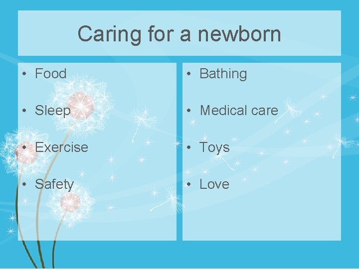 Caring for a newborn • Food • Bathing • Sleep • Medical care •