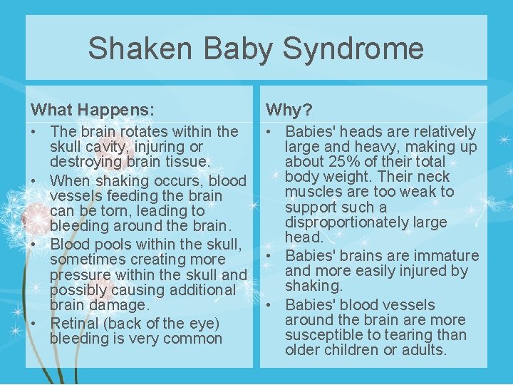 Shaken Baby Syndrome What Happens: Why? • The brain rotates within the skull cavity,