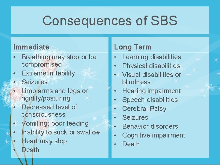 Consequences of SBS Immediate Long Term • Breathing may stop or be compromised •