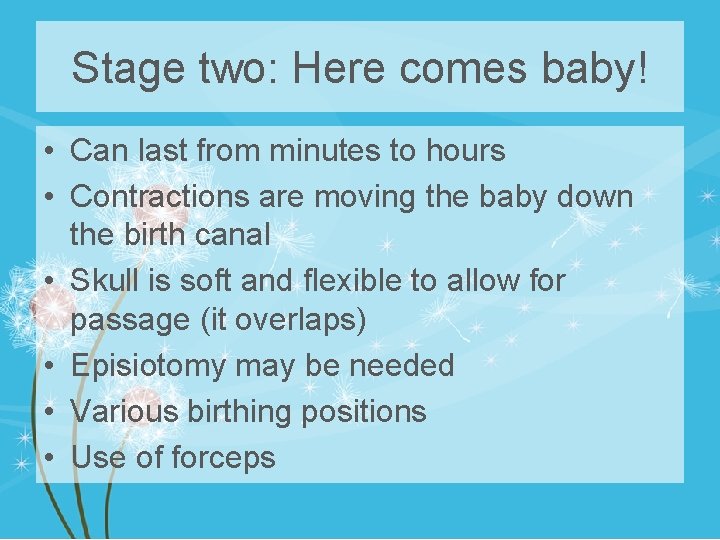 Stage two: Here comes baby! • Can last from minutes to hours • Contractions