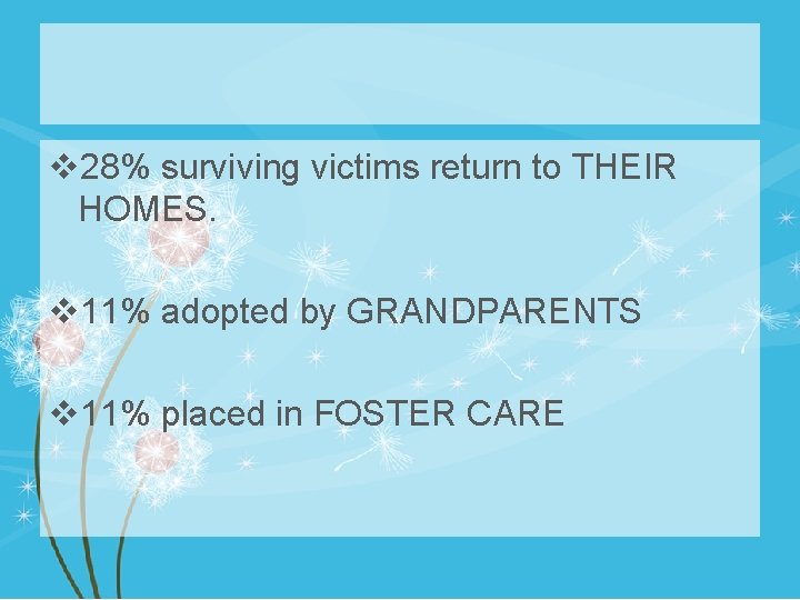 v 28% surviving victims return to THEIR HOMES. v 11% adopted by GRANDPARENTS v