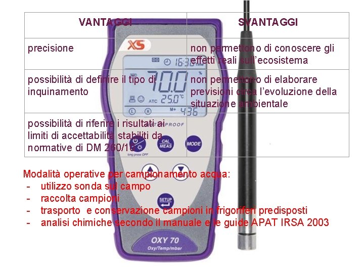 VANTAGGI SVANTAGGI precisione non permettono di conoscere gli effetti reali sull’ecosistema possibilità di definire