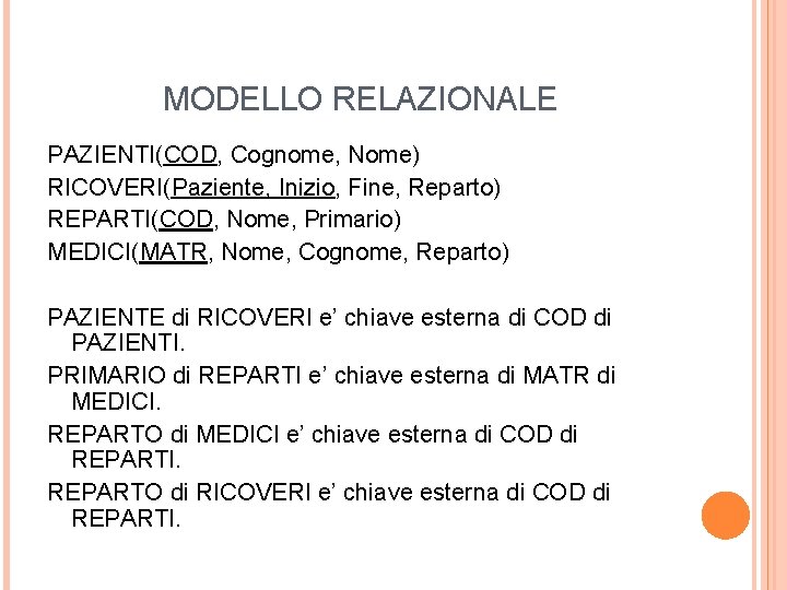 MODELLO RELAZIONALE PAZIENTI(COD, Cognome, Nome) RICOVERI(Paziente, Inizio, Fine, Reparto) REPARTI(COD, Nome, Primario) MEDICI(MATR, Nome,