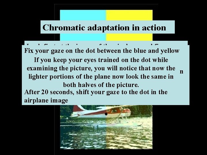 Chromatic adaptation in action Look first at the image of the airplane, and fix