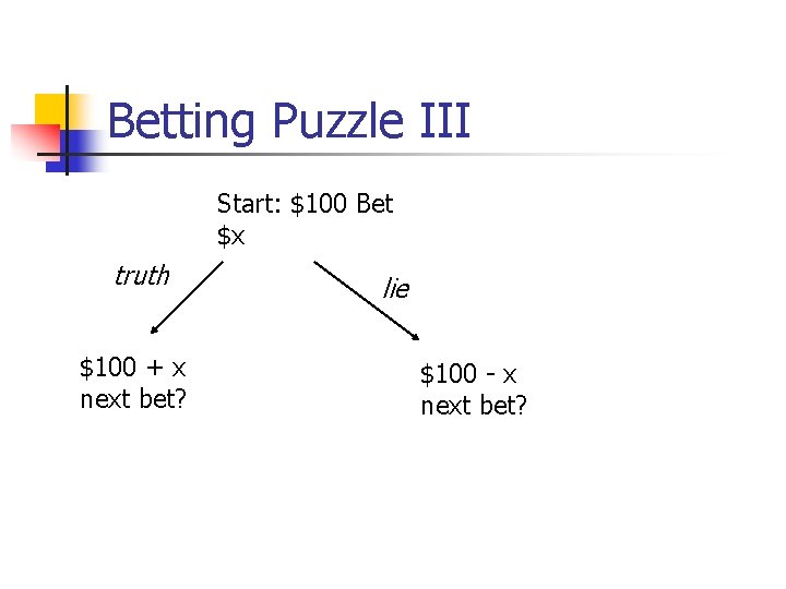 Betting Puzzle III Start: $100 Bet $x truth $100 + x next bet? lie