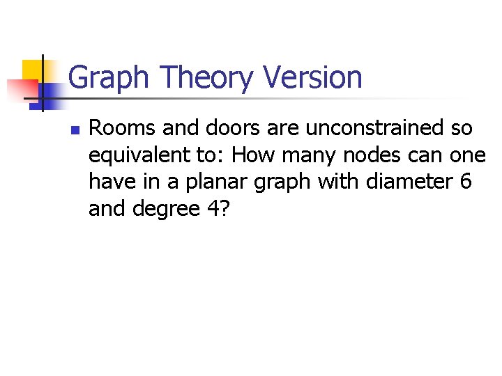 Graph Theory Version n Rooms and doors are unconstrained so equivalent to: How many
