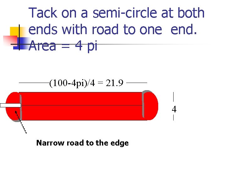 Tack on a semi-circle at both ends with road to one end. Area =