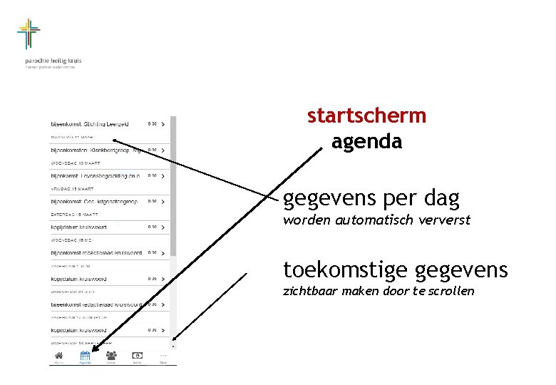 startscherm agenda gegevens per dag worden automatisch ververst toekomstige gegevens zichtbaar maken door te