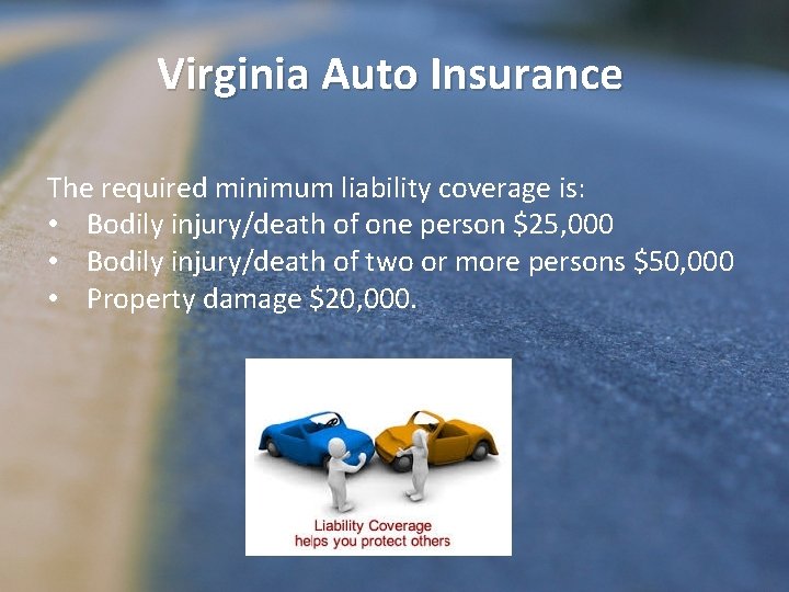 Virginia Auto Insurance The required minimum liability coverage is: • Bodily injury/death of one