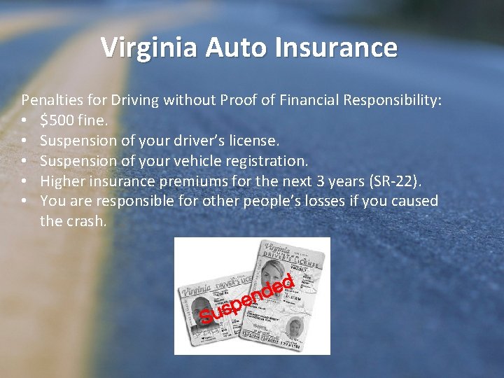 Virginia Auto Insurance Penalties for Driving without Proof of Financial Responsibility: • $500 fine.