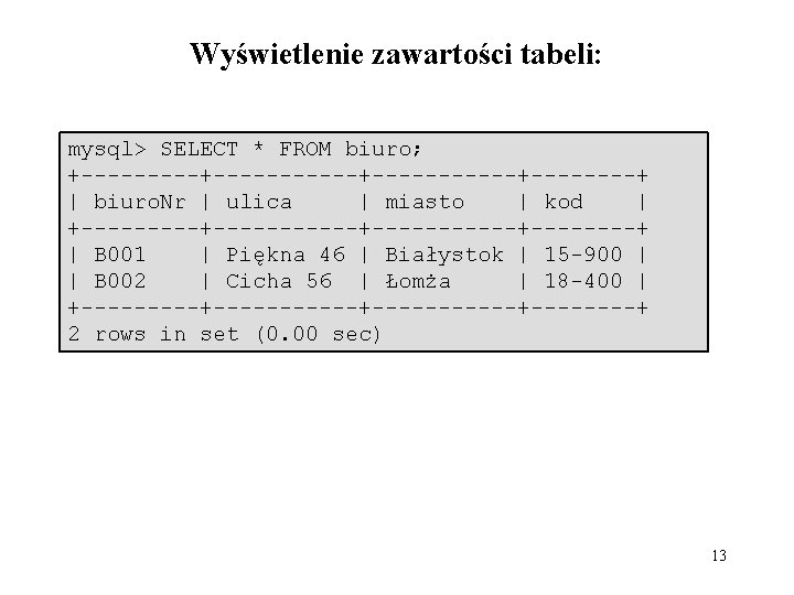 Wyświetlenie zawartości tabeli: mysql> SELECT * FROM biuro; +-----------+------+----+ | biuro. Nr | ulica