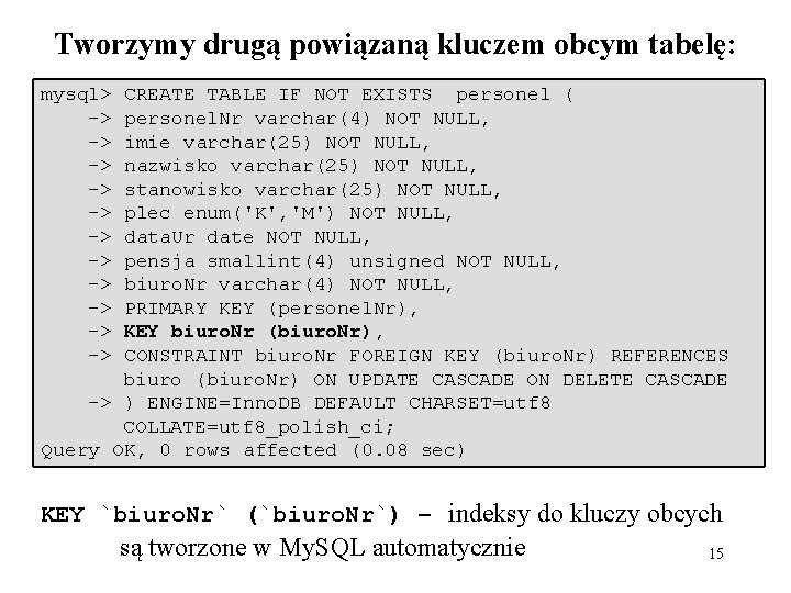 Tworzymy drugą powiązaną kluczem obcym tabelę: mysql> -> -> -> CREATE TABLE IF NOT