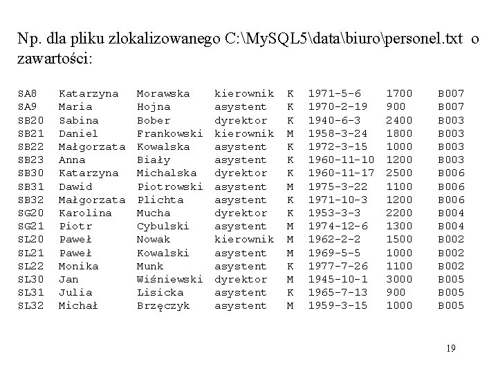 Np. dla pliku zlokalizowanego C: My. SQL 5databiuropersonel. txt o zawartości: SA 8 SA